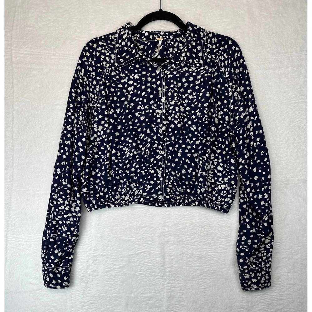 Free People Cropped Button Down Blouse Womens Small Navy Blue Floral Long Sleeve